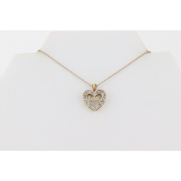 10K Yellow Gold Diamond Love Heart Heart Necklace 18" Chain - Picture 6 of 8